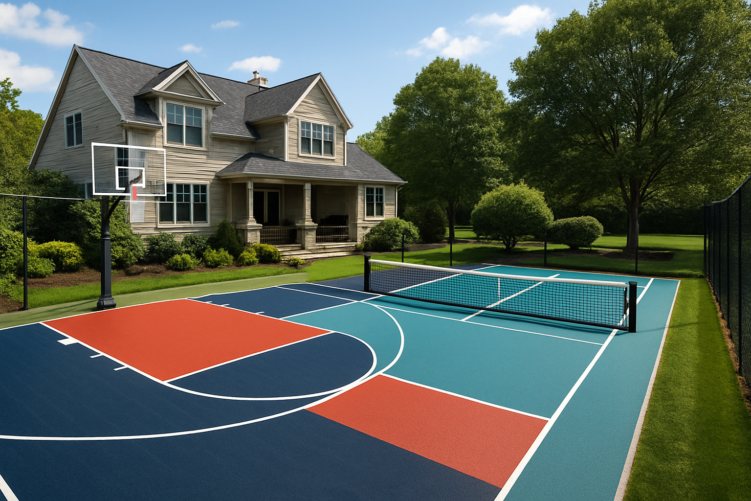 Backyard basketball and pickleball combo court with custom colors